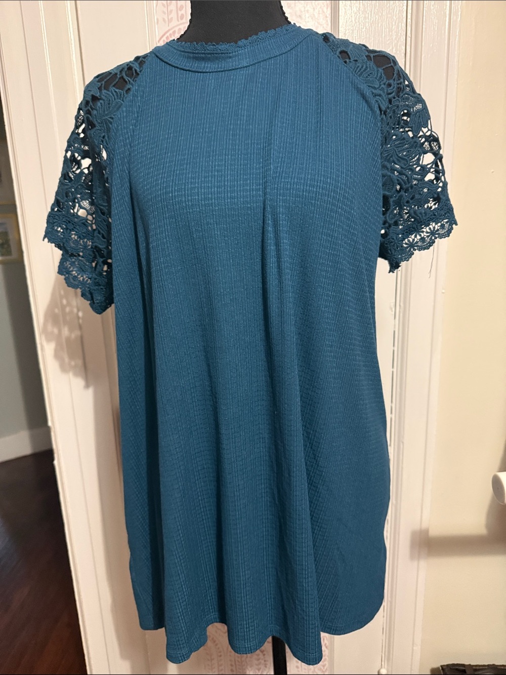 torrid Teal Crochet Sleeve Ribbed Knit Top